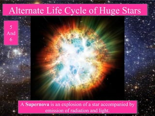 Alternate Life Cycle of Huge StarsAlternate Life Cycle of Huge Stars
5
And
6
5
And
6
A Supernova is an explosion of a star accompanied by
emission of radiation and light.
A Supernova is an explosion of a star accompanied by
emission of radiation and light.
 
