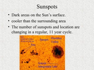 Sunspots
• Dark areas on the Sun’s surface.
• cooler than the surrounding area
• The number of sunspots and location are
changing in a regular, 11 year cycle.
 