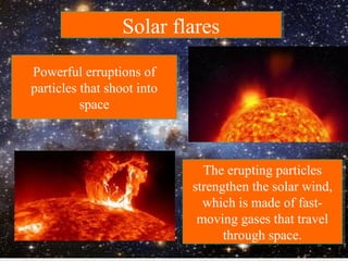 Solar flaresSolar flares
Powerful erruptions of
particles that shoot into
space
Powerful erruptions of
particles that shoot into
space
The erupting particles
strengthen the solar wind,
which is made of fast-
moving gases that travel
through space.
The erupting particles
strengthen the solar wind,
which is made of fast-
moving gases that travel
through space.
 