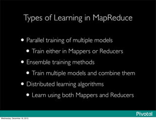Types of Learning in MapReduce
•Parallel training of multiple models
•Train either in Mappers or Reducers
•Ensemble training methods
•Train multiple models and combine them
•Distributed learning algorithms
•Learn using both Mappers and Reducers
Wednesday, December 18, 2013
 