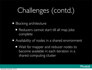 Challenges (contd.)
•Blocking architecture
•Reducers cannot start till all map jobs
complete
•Availability of nodes in a shared environment
•Wait for mapper and reducer nodes to
become available in each iteration in a
shared computing cluster
Wednesday, December 18, 2013
 