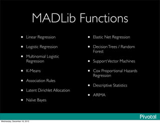 MADLib Functions
• Linear Regression
• Logistic Regression
• Multinomial Logistic
Regression
• K-Means
• Association Rules
• Latent Dirichlet Allocation
• Naïve Bayes
• Elastic Net Regression
• DecisionTrees / Random
Forest
• SupportVector Machines
• Cox Proportional Hazards
Regression
• Descriptive Statistics
• ARIMA
Wednesday, December 18, 2013
 