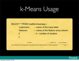 k-Means Usage
SELECT * FROM madlib.kmeanspp (
‘customers’, -- name of the input table
‘features’, -- name of the feature array column
2 -- k : number of clusters
);
centroids | objective_fn | frac_reassigned | …
------------------------------------------------------------------------+------------------+-----------------+ …
{{68.01668579784,48.9667382972952},{28.1452167573446,84.5992507653263}} | 586729.010675982 | 0.001 | …
Wednesday, December 18, 2013
 