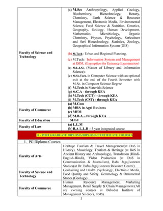 3
Faculty of Science and
Technology
(a) M.Sc: Anthropology, Applied Geology,
Biochemistry, Biotechnology, Botany,
Chemistry, Earth Science & Resource
Management, Electronic Media, Environmental
Science, Food Science & Nutrition, Genetics,
Geography, Geology, Human Development,
Mathematics, Microbiology, Organic
Chemistry, Physics, Psychology, Sericulture
and Seri Biotechnology, Statistics, Zoology,
Geographical Information System (GIS)
(b) M.Tech.: Urban and Regional Planning,
(c) M.Tech: Information System and Management
at ISIM, (Exemption for Entrance Examination)
(d) M.L.I.Sc. (Master of Library and Information
Science).
(e) M.Sc.Tech. in Computer Science with an optional
exit at the end of the Fourth Semester with
M.Sc. in Computer Science Degree
(f) M.Tech.in Materials Science
(g) M.C.A - through KEA
(h) M.Tech (CCT) - through KEA
(i) M.Tech (CST) - through KEA
Faculty of Commerce
(a) M.Com
(b) MBA in Agri Business
(c) MFM
(d)M.B.A – through KEA
Faculty of Education M.Ed
Faculty of Law
(a) L.L.M
(b)B.A L.L.B – 5 year integrated course
11 - POST GRADUATE DIPLOMA/DIPLOMA/CERTIFICATE COURSES
1. PG Diploma Courses
Faculty of Arts
Heritage Tourism & Travel Management(at DoS in
History), Museology, Tourism & Heritage (at DoS in
Ancient History and Archaeology), Translation (Hindi-
English-Hindi), Video Production (at DoS in
Communication & Journalism), Babu Jagajivanram
Studies(at Dr. Babu Jagajivanram Research Centre)
Faculty of Science and
Technology
Counseling and Health Psychology, Electronic Media,
Food Quality and Safety, Gemmology & Ornamental
Stones (Geology)
Faculty of Commerce
Human Resource Management, Marketing
Management, Retail Supply & Chain Management (All
are evening courses at Bahadur Institute of
Management Sciences, BIMS)
 