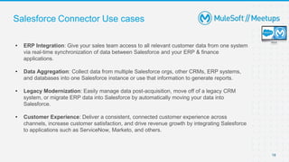 18
Salesforce Connector Use cases
• ERP Integration: Give your sales team access to all relevant customer data from one system
via real-time synchronization of data between Salesforce and your ERP & finance
applications.
• Data Aggregation: Collect data from multiple Salesforce orgs, other CRMs, ERP systems,
and databases into one Salesforce instance or use that information to generate reports.
• Legacy Modernization: Easily manage data post-acquisition, move off of a legacy CRM
system, or migrate ERP data into Salesforce by automatically moving your data into
Salesforce.
• Customer Experience: Deliver a consistent, connected customer experience across
channels, increase customer satisfaction, and drive revenue growth by integrating Salesforce
to applications such as ServiceNow, Marketo, and others.
 