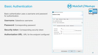 22
Basic Authentication
Basic authentication uses a username and password
for authentication.
Username: Salesforce username
Password: Corresponding password
Security token: Corresponding security token
Authorization URL: URL for the endpoint configured
 
