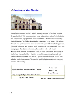 4) Jayalakshmi Vilas Mansion
This palace was built in the year 1905 by Chamaraja Wodeyar for his eldest daughter
Jayalakshmi Devi. This mansion has three wings and contains a series of twin Corinthian
and Ionic columns, regal pediments and oval ventilators. The mansion was originally
built with a cost of Rs. 7 lakhs. This mansion was acquired by the Mysore University to
house its post-graduate campus. It was renovated in the year 2002 from funding provided
by Infosys foundation. The main hall in this mansion is the Kalyana Mantapa which has
an eight-petal shaped dome with stained glass windows with a gold-plated
Kalasha(tower) at the top. A new gallery called as Writer's Gallery has been created in
the Kalyana Mantapa hall that will exhibit personal items, photographs, awards and
writings of renowned writers of Kannada. A special illumination system has also been
added to this heritage structure. This mansion is said to be the first university museum
complex in the country.
Jayalakshmi Vilas Mansion Entrance Timings
10 am - 1 pm
3 pm - 5 pm
Except Monday
Entry Charges to Jayalakshmi Vilas Mansion ---
Distance From Mysore
Located 3 Kms. from the city center.
8
 