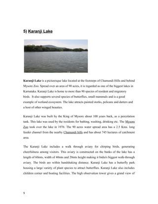 5) Karanji Lake
Karanji Lake is a picturesque lake located at the footsteps of Chamundi Hills and behind
Mysore Zoo. Spread over an area of 90 acres, it is regarded as one of the biggest lakes in
Karnataka. Karanji Lake is home to more than 90 species of resident and migratory
birds. It also supports several species of butterflies, small mammals and is a good
example of wetland ecosystem. The lake attracts painted storks, pelicans and darters and
a host of other winged beauties.
Karanji Lake was built by the King of Mysore about 100 years back, as a percolation
tank. This lake was used by the residents for bathing, washing, drinking etc. The Mysore
Zoo took over the lake in 1976. The 90 acres water spread area has a 2.5 Kms. long
feeder channel from the nearby Chamundi hills and has about 745 hectares of catchment
area.
The Karanji Lake includes a walk through aviary for chirping birds, generating
cheerfulness among visitors. This aviary is constructed on the banks of the lake has a
length of 60mts, width of 40mts and 20mts height making it India's biggest walk-through
aviary. The birds are within handshaking distance. Karanji Lake has a butterfly park
housing a large variety of plant species to attract butterflies. Karanji Lake also includes
children corner and boating facilities. The high observation tower gives a grand view of
9
 