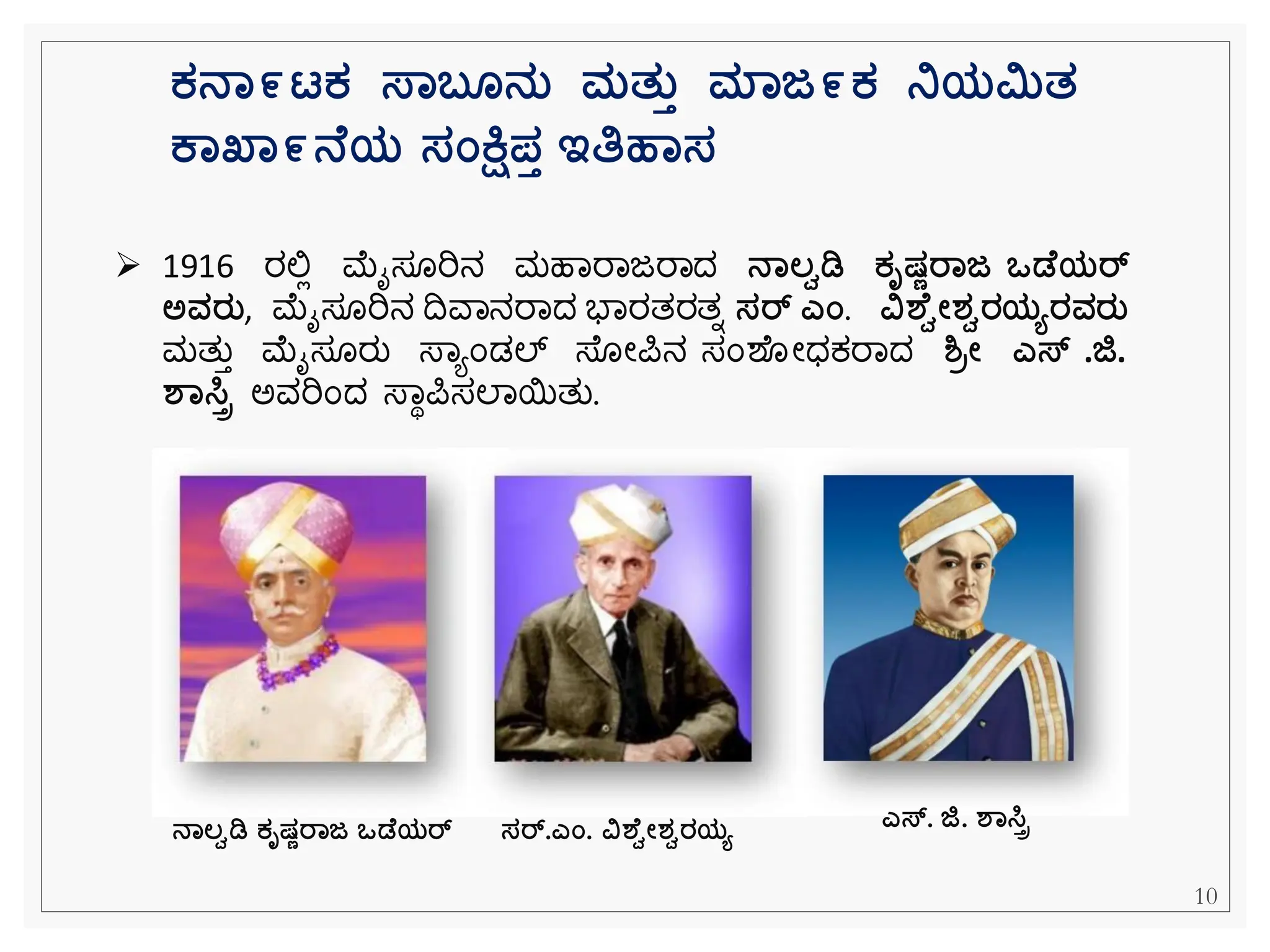 ➢ 1916 ರಲ್ಲಿ ಮೈಸ ರಿನ ಮಹವರವಜರವದ ನಾಲ್ಿಡಿ ಕೃಷಣರಾಜ ಒಡ ಯರ್
ಅವರತ, ಮೈಸ ರಿನ ದವವನರವದ ಭವರತರತನ ಸರ್ ಎಂ. ವಿಶ ಿೋರ್ಿರಯಯರವರತ
ಮತುತ ಮೈಸ ರು ಸ್ವಯೆಂಡಲ್ ಸ್ ೀಪನ ಸೆಂಶ ೀಧಕ್ರವದ ಶ್ರೋ ಎಸ್ .ಜಿ.
ಶಾಸಿಿ ಅವರಿೆಂದ ಸ್ವಾಪಸಲವಯತು.
ಕನಾ೯ಟಕ ಸ್ಾಬ ನತ ಮತತತ ಮಾಜ೯ಕ ನಿಯಿತ
ಕಾಖ್ಾ೯ನ ಯ ಸಂಕ್ಷಿಪತ ಇತಿಹಾಸ
10
ನಾಲ್ಿಡಿ ಕೃಷಣರಾಜ ಒಡ ಯರ್‍ ಸರ್.ಎಂ. ವಿಶ ಿೋರ್ಿರಯಯ ಎಸ್. ಜಿ. ಶಾಸಿಿ
 