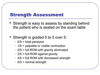 Strength Assessment
 Strength is easy to assess by standing behind
the patient who is seated on the exam table
 Strength is graded 0 to 5 over 5:
• 0/5 = total paralysis
• 1/5 = palpable or visible contraction
• 2/5 = full ROM with gravity eliminated
• 3/5 = full ROM against gravity
• 4/5 = full ROM with decreased strength
• 5/5 = normal strength
 