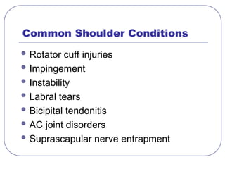 Common Shoulder Conditions
 Rotator cuff injuries
 Impingement
 Instability
 Labral tears
 Bicipital tendonitis
 AC joint disorders
 Suprascapular nerve entrapment
 