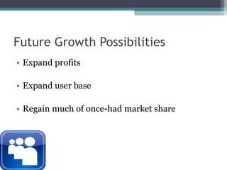 Future Growth PossibilitiesExpand profitsExpand user baseRegain much of once-had market share