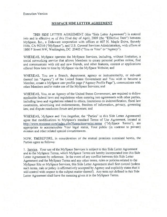 myspace side letter agreement execution version side letter template