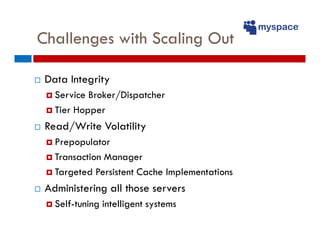 Challenges with Scaling Out

 Data Integrity
   Service Broker/Dispatcher
   Tier Hopper
 Read/Write Volatility
   Prepopu...