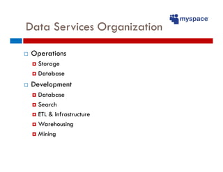 Data Services Organization

 Operations
   Storage
   Database
 Development
   Database
   Search
   ETL & Infrastructure
...
