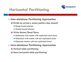 Horizontal Partitioning

Inter-database Partitioning Approaches
  Divide by primary access pattern (key based)
    Range b...