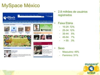 • 2.8 milhões de usuários
registrados
• Faixa Etária
- 15-24: 72%
- 25-34: 12%
- 35-44: 5%
- 45-54: 7%
- > 55: 3%
• Sexo
- Masculino: 49%
- Feminino: 51%
MySpace México
 