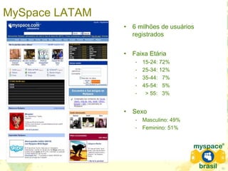 • 6 milhões de usuários
registrados
• Faixa Etária
- 15-24: 72%
- 25-34: 12%
- 35-44: 7%
- 45-54: 5%
- > 55: 3%
• Sexo
- Masculino: 49%
- Feminino: 51%
MySpace LATAM
 