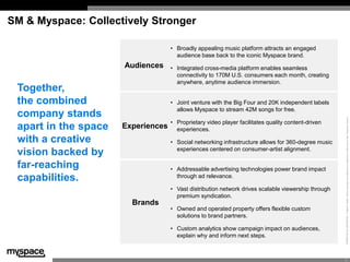 SM & Myspace: Collectively Stronger

                                    • Broadly appealing music platform attracts an en...