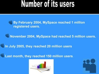 By February 2004, MySpace reached 1 million registered users.  November 2004, MySpace had reached 5 million users. In July 2005, they reached 20 million users Number of its users Last month, they reached 150 million users . 