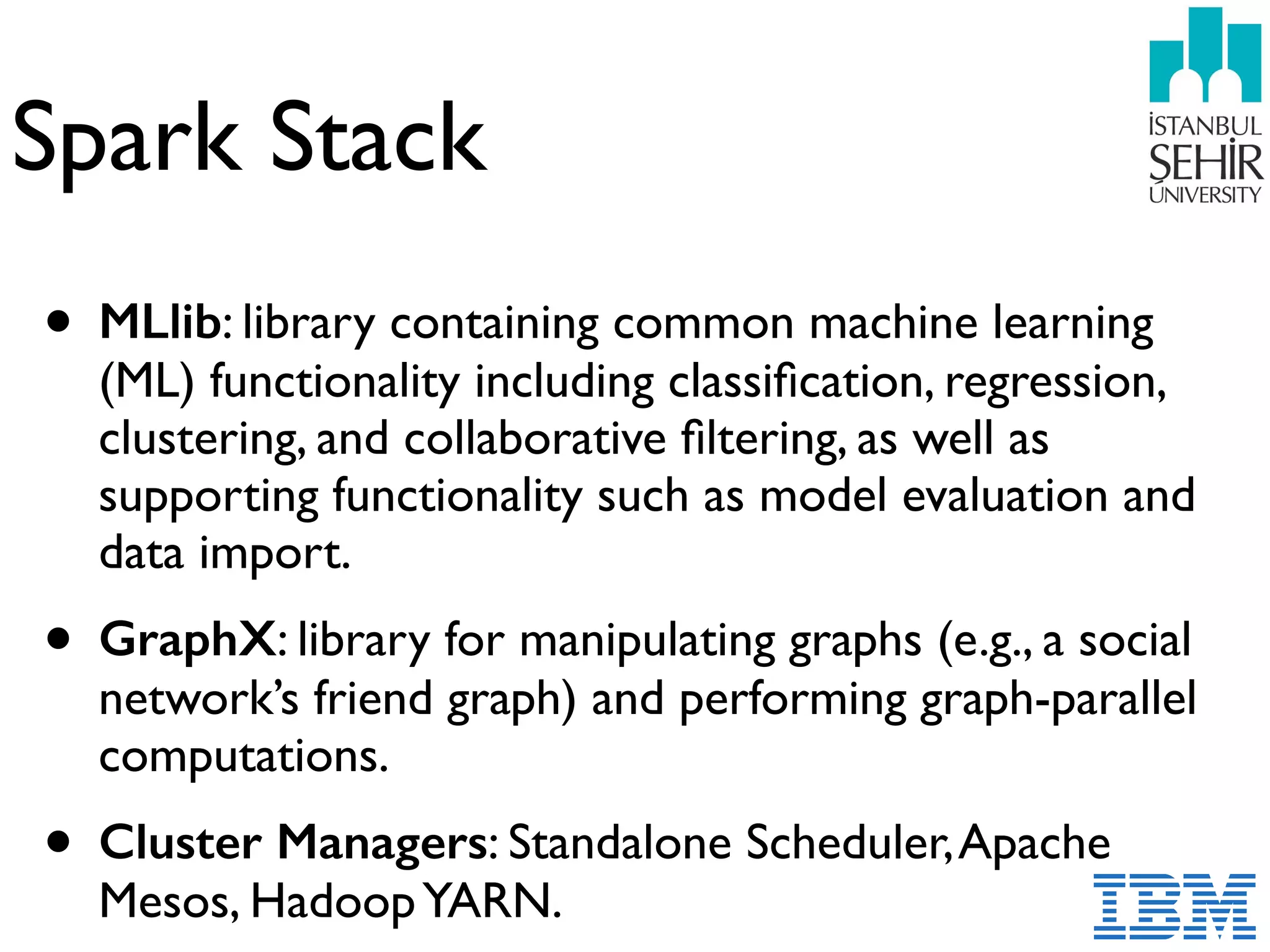 Spark Stack
• MLlib: library containing common machine learning
(ML) functionality including classiﬁcation, regression,
clustering, and collaborative ﬁltering, as well as
supporting functionality such as model evaluation and
data import.
• GraphX: library for manipulating graphs (e.g., a social
network’s friend graph) and performing graph-parallel
computations.
• Cluster Managers: Standalone Scheduler,Apache
Mesos, HadoopYARN.
 