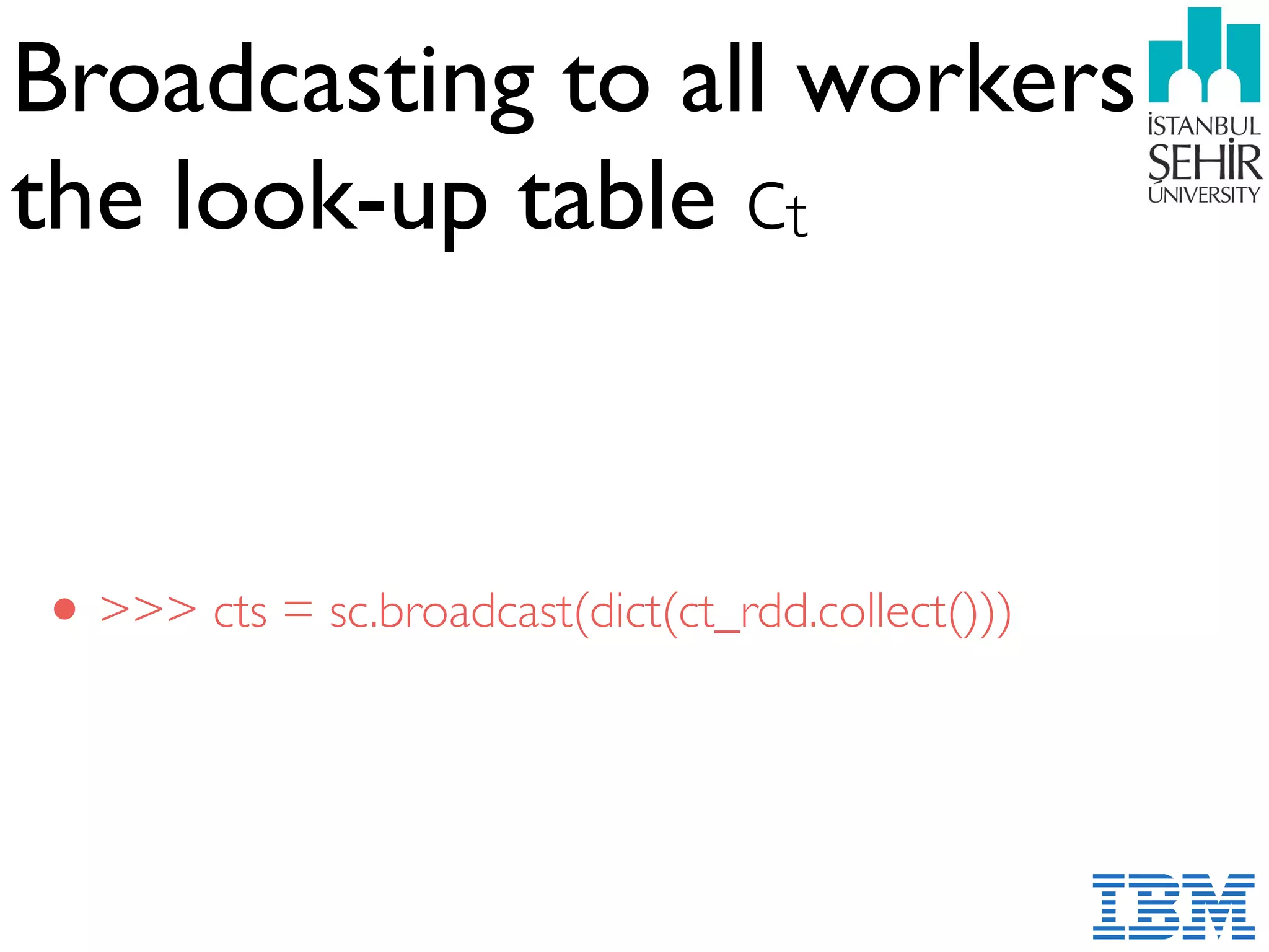 Broadcasting to all workers
the look-up table ct
•>>> cts = sc.broadcast(dict(ct_rdd.collect()))
 