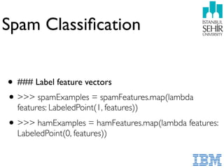 Spam Classiﬁcation
• ### Label feature vectors
•>>> spamExamples = spamFeatures.map(lambda
features: LabeledPoint(1, features))
•>>> hamExamples = hamFeatures.map(lambda features:
LabeledPoint(0, features))
 