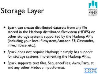 Storage Layer
• Spark can create distributed datasets from any ﬁle
stored in the Hadoop distributed ﬁlesystem (HDFS) or
other storage systems supported by the Hadoop APIs
(including your local ﬁlesystem,Amazon S3, Cassandra,
Hive, HBase, etc.).
• Spark does not require Hadoop; it simply has support
for storage systems implementing the Hadoop APIs.
• Spark supports text ﬁles, SequenceFiles, Avro, Parquet,
and any other Hadoop InputFormat.
 