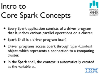 Intro to
Core Spark Concepts
• Every Spark application consists of a driver program
that launches various parallel operations on a cluster.
• Spark Shell is a driver program itself.
• Driver programs access Spark through SparkContext
object, which represents a connection to a computing
cluster.
• In the Spark shell, the context is automatically created
as the variable sc.
 