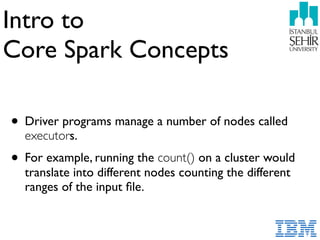 Intro to
Core Spark Concepts
• Driver programs manage a number of nodes called
executors.
• For example, running the count() on a cluster would
translate into different nodes counting the different
ranges of the input ﬁle.
 
