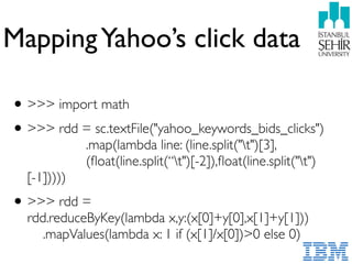 MappingYahoo’s click data
•>>> import math
•>>> rdd = sc.textFile("yahoo_keywords_bids_clicks") 
.map(lambda line: (line.split("t")[3],  
(ﬂoat(line.split(“t")[-2]),ﬂoat(line.split("t")
[-1]))))
•>>> rdd =  
rdd.reduceByKey(lambda x,y:(x[0]+y[0],x[1]+y[1])) 
.mapValues(lambda x: 1 if (x[1]/x[0])>0 else 0)
 