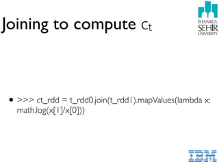 Joining to compute ct
•>>> ct_rdd = t_rdd0.join(t_rdd1).mapValues(lambda x:
math.log(x[1]/x[0]))
 
