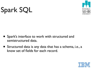 Spark SQL
• Spark’s interface to work with structured and
semistructured data.
• Structured data is any data that has a schema, i.e., a
know set of ﬁelds for each record.
 