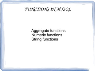 ALTERING THE DATABASE STRUCTURE AND  ADDING DATA Syntax: ALATER TABLE tablename ADD clm_name type Example:   ALTER TABLE cds  ->  ADD producerID INT(3);  