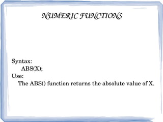 AGGREGATE FUNCTIONS Syntax:  SELECT COUNT(*) FROM table_name ; Use:  Mysql COUNT function is  useful in counting the number of records. 
