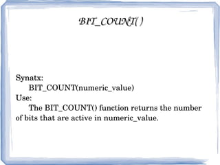 MAX AND MIN FUNCTIONS Syntax:  SELECT MAX(Col_name) FROM table_name; Use:  MySQL MAX function is used to find out the record with maximum value among a record se t. 