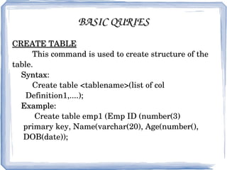 BASIC QURIES CREATE TABLE This command is used to create structure of the table. Syntax : Create table <tablename>(list of col  Definition1,....); Example: Create table emp1 (Emp ID (number(3)  primary key, Name(varchar(20), Age(number(),  DOB(date)); 