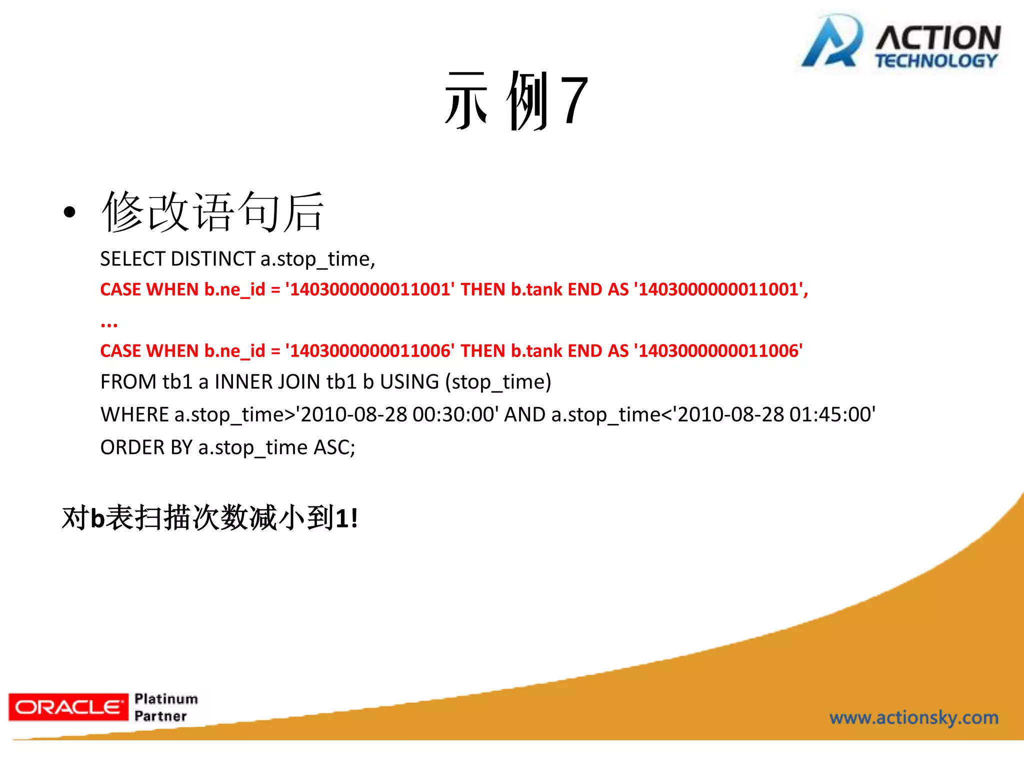 示例7
• 修改语句后
 SELECT DISTINCT a.stop_time,
 CASE WHEN b.ne_id = '1403000000011001' THEN b.tank END AS '1403000000011001',
 ...
 CASE WHEN b.ne_id = '1403000000011006' THEN b.tank END AS '1403000000011006'
 FROM tb1 a INNER JOIN tb1 b USING (stop_time)
 WHERE a.stop_time>'2010-08-28 00:30:00' AND a.stop_time<'2010-08-28 01:45:00'
 ORDER BY a.stop_time ASC;


对b表扫描次数减小到1!
 