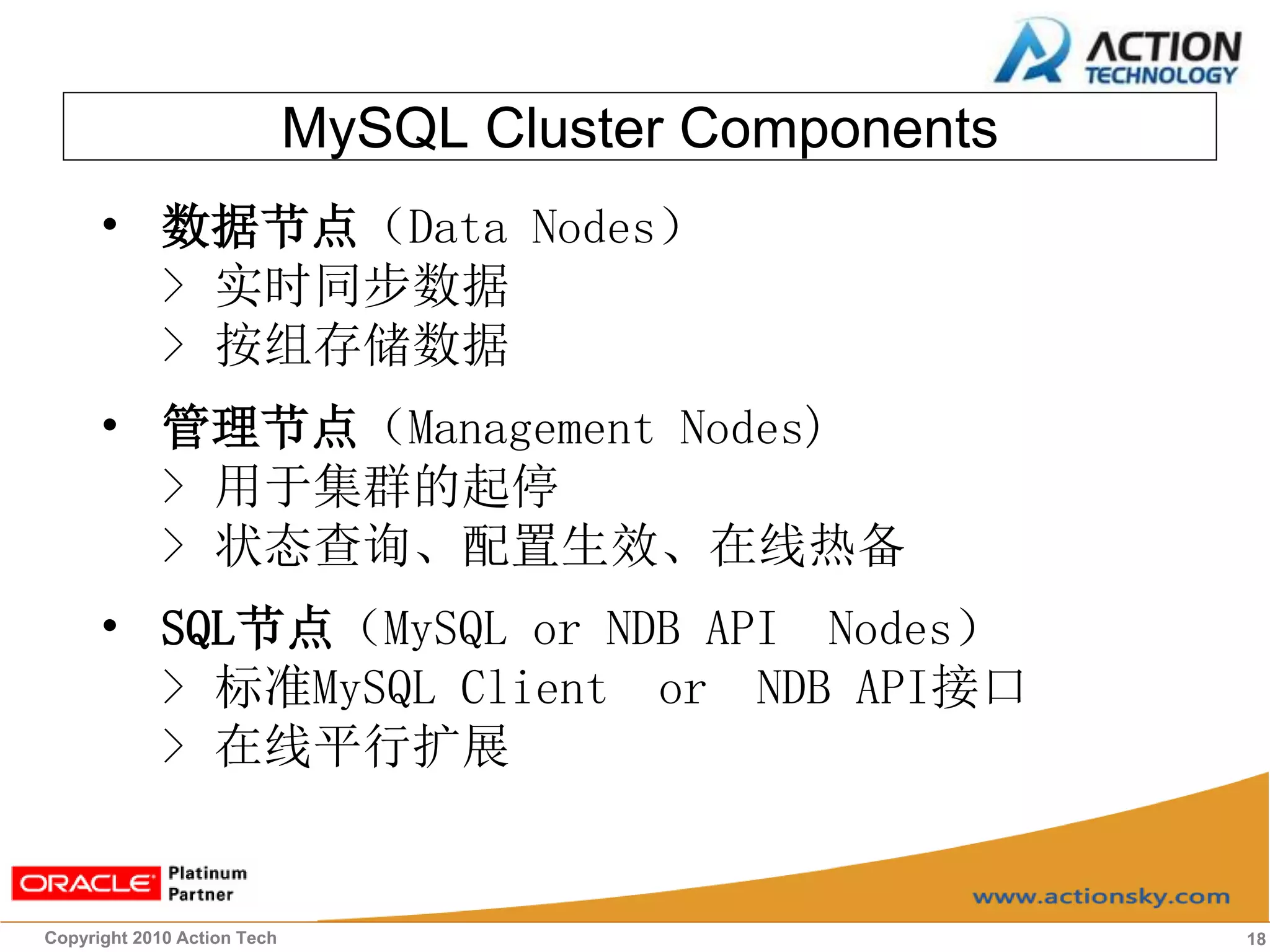 MySQL Cluster Components
     • 数据节点（Data Nodes）
       > 实时同步数据
       > 按组存储数据
     • 管理节点（Management Nodes)
       > 用于集群的起停
       > 状态查询、配置生效、在线热备
     • SQL节点（MySQL or NDB API Nodes）
       > 标准MySQL Client or NDB API接口
       > 在线平行扩展


Copyright 2010 Action Tech                              18
 