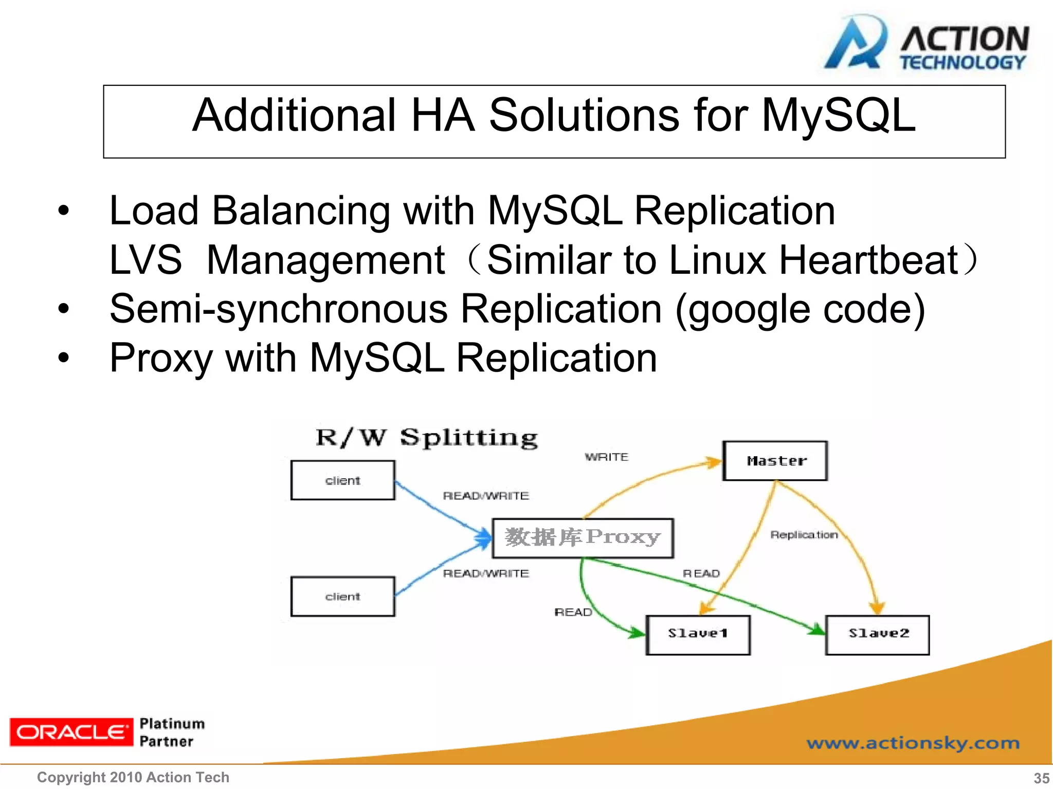 Additional HA Solutions for MySQL
  • Load Balancing with MySQL Replication
    LVS Management（Similar to Linux Heartbeat）
  • Semi-synchronous Replication (google code)
  • Proxy with MySQL Replication




Copyright 2010 Action Tech                              35
 