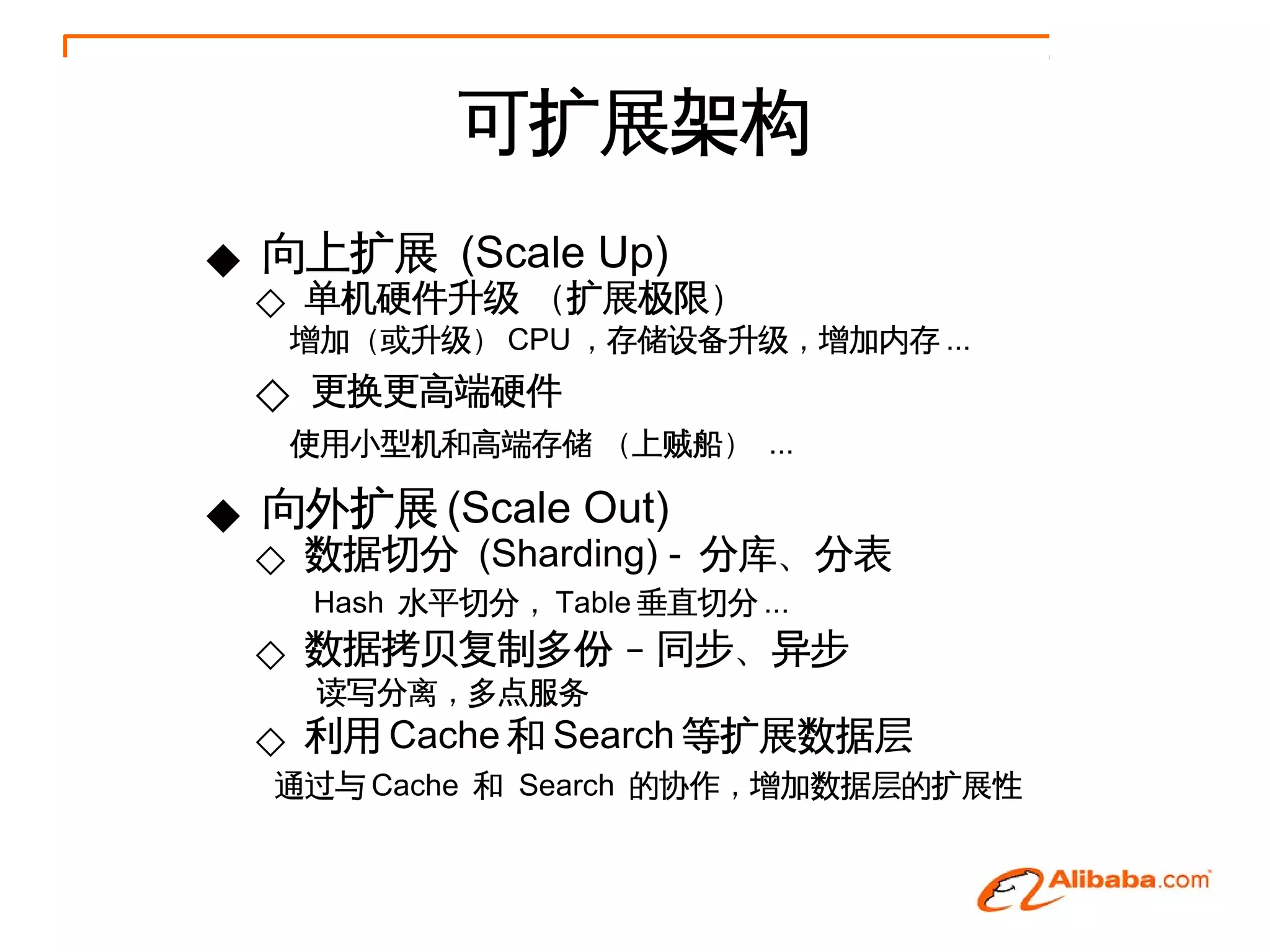 可扩展架构
◆ 向上扩展 (Scale Up)
 ◇ 单机硬件升级 （扩展极限）
   增加（或升级） CPU ，存储设备升级，增加内存 ...
 ◇ 更换更高端硬件
   使用小型机和高端存储 （上贼船） ...

◆ 向外扩展 (Scale Out)
 ◇ 数据切分 (Sharding) - 分库、分表
    Hash 水平切分， Table 垂直切分 ...
 ◇ 数据拷贝复制多份 – 同步、异步
    读写分离，多点服务
 ◇ 利用 Cache 和 Search 等扩展数据层
  通过与 Cache 和 Search 的协作，增加数据层的扩展性
 