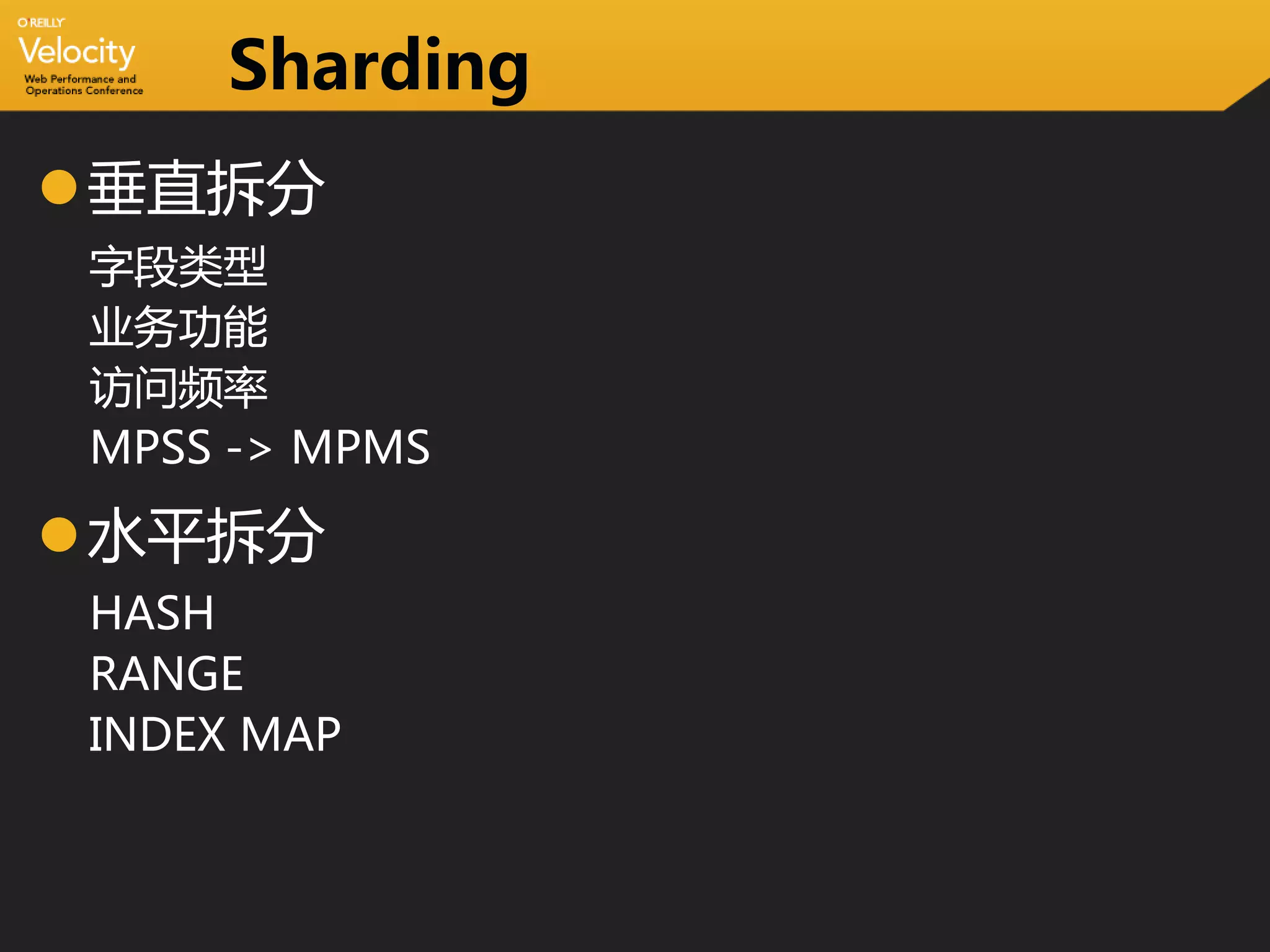 Sharding
垂直拆分
字段类型
业务功能
访问频率
MPSS -> MPMS

水平拆分
HASH
RANGE
INDEX MAP
 
