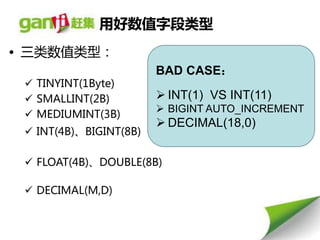 用好数值字段类型
• 三类数值类型：
                        BAD CASE：
  TINYINT(1Byte)
  SMALLINT(2B)          INT(1) VS INT(11)
                         BIGINT AUTO_INCREMENT
  MEDIUMINT(3B)
                         DECIMAL(18,0)
  INT(4B)、BIGINT(8B)

  FLOAT(4B)、DOUBLE(8B)

  DECIMAL(M,D)
 