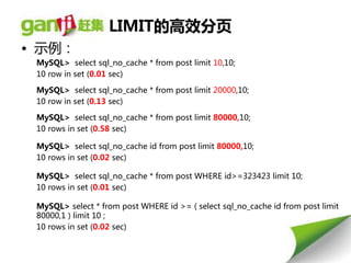 LIMIT的高效分页
• 示例：
 MySQL> select sql_no_cache * from post limit 10,10;
 10 row in set (0.01 sec)

 MySQL> select sql_no_cache * from post limit 20000,10;
 10 row in set (0.13 sec)

 MySQL> select sql_no_cache * from post limit 80000,10;
 10 rows in set (0.58 sec)

 MySQL> select sql_no_cache id from post limit 80000,10;
 10 rows in set (0.02 sec)

 MySQL> select sql_no_cache * from post WHERE id>=323423 limit 10;
 10 rows in set (0.01 sec)

 MySQL> select * from post WHERE id >= ( select sql_no_cache id from post limit
 80000,1 ) limit 10 ;
 10 rows in set (0.02 sec)
 