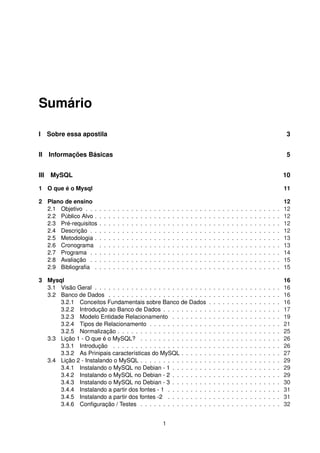 Sumário

I Sobre essa apostila                                                                                                                                                                   3


II Informações Básicas                                                                                                                                                                  5


III MySQL                                                                                                                                                                               10

1 O que é o Mysql                                                                                                                                                                       11

2 Plano de ensino                                                                                                                                                                       12
  2.1 Objetivo . . .    .   .   .   .   .   .   .   .   .   .   .   .   .   .   .   .   .   .   .   .   .   .   .   .   .   .   .   .   .   .   .   .   .   .   .   .   .   .   .   .   12
  2.2 Público Alvo .    .   .   .   .   .   .   .   .   .   .   .   .   .   .   .   .   .   .   .   .   .   .   .   .   .   .   .   .   .   .   .   .   .   .   .   .   .   .   .   .   12
  2.3 Pré-requisitos    .   .   .   .   .   .   .   .   .   .   .   .   .   .   .   .   .   .   .   .   .   .   .   .   .   .   .   .   .   .   .   .   .   .   .   .   .   .   .   .   12
  2.4 Descrição . .     .   .   .   .   .   .   .   .   .   .   .   .   .   .   .   .   .   .   .   .   .   .   .   .   .   .   .   .   .   .   .   .   .   .   .   .   .   .   .   .   12
  2.5 Metodologia .     .   .   .   .   .   .   .   .   .   .   .   .   .   .   .   .   .   .   .   .   .   .   .   .   .   .   .   .   .   .   .   .   .   .   .   .   .   .   .   .   13
  2.6 Cronograma        .   .   .   .   .   .   .   .   .   .   .   .   .   .   .   .   .   .   .   .   .   .   .   .   .   .   .   .   .   .   .   .   .   .   .   .   .   .   .   .   13
  2.7 Programa . .      .   .   .   .   .   .   .   .   .   .   .   .   .   .   .   .   .   .   .   .   .   .   .   .   .   .   .   .   .   .   .   .   .   .   .   .   .   .   .   .   14
  2.8 Avaliação . .     .   .   .   .   .   .   .   .   .   .   .   .   .   .   .   .   .   .   .   .   .   .   .   .   .   .   .   .   .   .   .   .   .   .   .   .   .   .   .   .   15
  2.9 Bibliograﬁa .     .   .   .   .   .   .   .   .   .   .   .   .   .   .   .   .   .   .   .   .   .   .   .   .   .   .   .   .   .   .   .   .   .   .   .   .   .   .   .   .   15

3 Mysql                                                                                                                                                                                 16
  3.1 Visão Geral . . . . . . . . . . . . . . . . . . . . . . . . .                                                     .   .   .   .   .   .   .   .   .   .   .   .   .   .   .   .   16
  3.2 Banco de Dados . . . . . . . . . . . . . . . . . . . . . .                                                        .   .   .   .   .   .   .   .   .   .   .   .   .   .   .   .   16
      3.2.1 Conceitos Fundamentais sobre Banco de Dados                                                                 .   .   .   .   .   .   .   .   .   .   .   .   .   .   .   .   16
      3.2.2 Introdução ao Banco de Dados . . . . . . . . . .                                                            .   .   .   .   .   .   .   .   .   .   .   .   .   .   .   .   17
      3.2.3 Modelo Entidade Relacionamento . . . . . . . .                                                              .   .   .   .   .   .   .   .   .   .   .   .   .   .   .   .   19
      3.2.4 Tipos de Relacionamento . . . . . . . . . . . . .                                                           .   .   .   .   .   .   .   .   .   .   .   .   .   .   .   .   21
      3.2.5 Normalização . . . . . . . . . . . . . . . . . . . .                                                        .   .   .   .   .   .   .   .   .   .   .   .   .   .   .   .   25
  3.3 Lição 1 - O que é o MySQL? . . . . . . . . . . . . . . .                                                          .   .   .   .   .   .   .   .   .   .   .   .   .   .   .   .   26
      3.3.1 Introdução . . . . . . . . . . . . . . . . . . . . .                                                        .   .   .   .   .   .   .   .   .   .   .   .   .   .   .   .   26
      3.3.2 As Prinipais características do MySQL . . . . . .                                                           .   .   .   .   .   .   .   .   .   .   .   .   .   .   .   .   27
  3.4 Lição 2 - Instalando o MySQL . . . . . . . . . . . . . . .                                                        .   .   .   .   .   .   .   .   .   .   .   .   .   .   .   .   29
      3.4.1 Instalando o MySQL no Debian - 1 . . . . . . . .                                                            .   .   .   .   .   .   .   .   .   .   .   .   .   .   .   .   29
      3.4.2 Instalando o MySQL no Debian - 2 . . . . . . . .                                                            .   .   .   .   .   .   .   .   .   .   .   .   .   .   .   .   29
      3.4.3 Instalando o MySQL no Debian - 3 . . . . . . . .                                                            .   .   .   .   .   .   .   .   .   .   .   .   .   .   .   .   30
      3.4.4 Instalando a partir dos fontes - 1 . . . . . . . . .                                                        .   .   .   .   .   .   .   .   .   .   .   .   .   .   .   .   31
      3.4.5 Instalando a partir dos fontes -2 . . . . . . . . .                                                         .   .   .   .   .   .   .   .   .   .   .   .   .   .   .   .   31
      3.4.6 Conﬁguração / Testes . . . . . . . . . . . . . . .                                                          .   .   .   .   .   .   .   .   .   .   .   .   .   .   .   .   32


                                                                                1
 