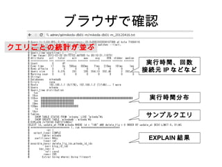 ブラウザで確認
クエリごとの統計が並ぶ
               実行時間、回数
              接続元 IP などなど



               実行時間分布

              サンプルクエリ


               EXPLAIN 結果
 