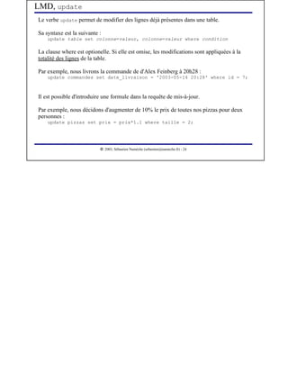 LMD, update
Le verbe update permet de modifier des lignes déjà présentes dans une table.

Sa syntaxe est la suivante :
    update table set colonne=valeur, colonne=valeur where condition

La clause where est optionelle. Si elle est omise, les modifications sont appliquées à la
totalité des lignes de la table.

Par exemple, nous livrons la commande de d'Alex Feinberg à 20h28 :
    update commandes set date_livraison = '2003-05-14 20:28' where id = 7;



Il est possible d'introduire une formule dans la requête de mis-à-jour.

Par exemple, nous décidons d'augmenter de 10% le prix de toutes nos pizzas pour deux
personnes :
    update pizzas set prix = prix*1.1 where taille = 2;




                            




                               2003, Sébastien Namèche (sebastien@nameche.fr) - 24
 