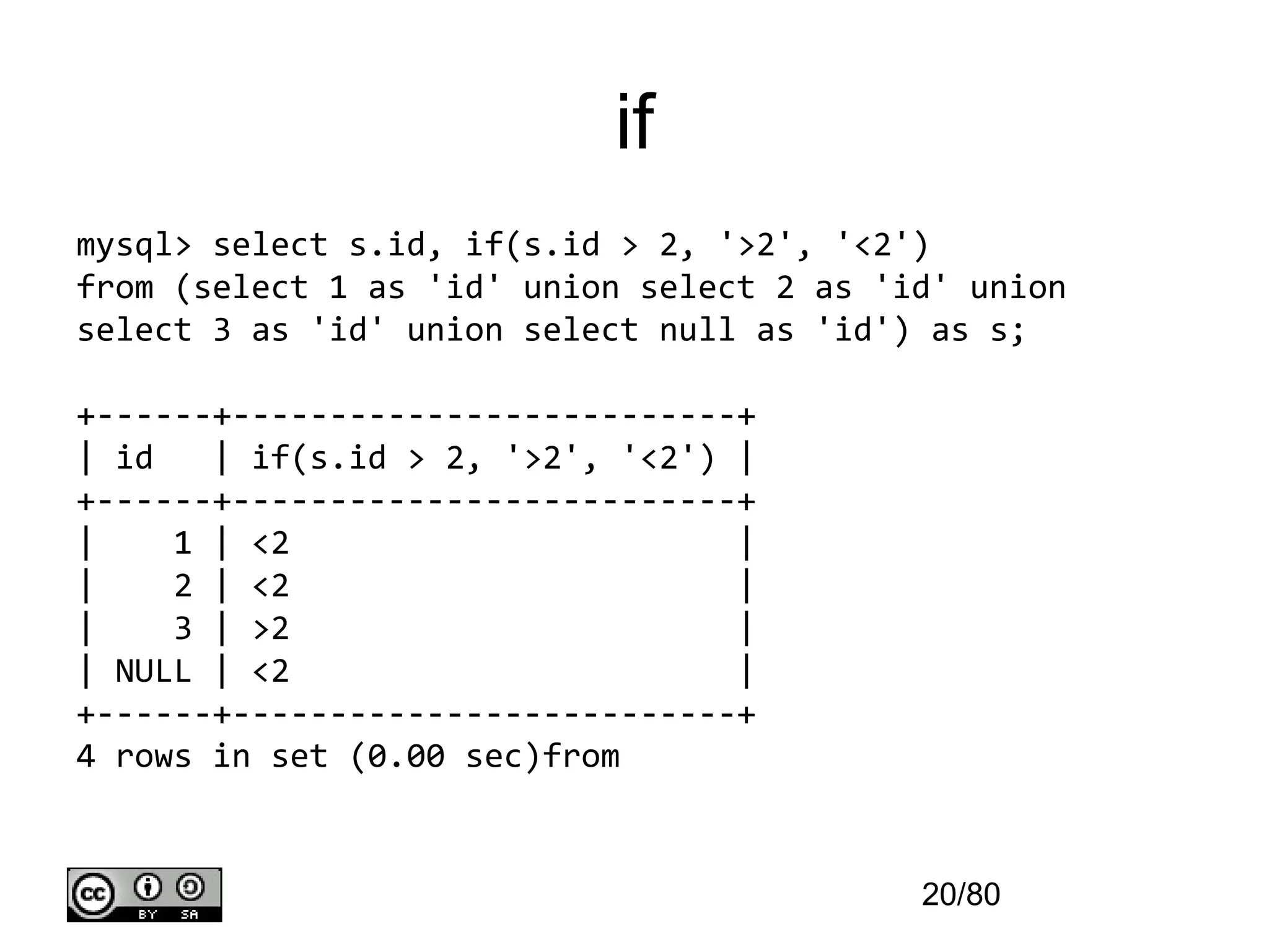 if
mysql> select s.id, if(s.id > 2, '>2', '<2')
from (select 1 as 'id' union select 2 as 'id' union
select 3 as 'id' union select null as 'id') as s;

+------+--------------------------+
| id   | if(s.id > 2, '>2', '<2') |
+------+--------------------------+
|    1 | <2                       |
|    2 | <2                       |
|    3 | >2                       |
| NULL | <2                       |
+------+--------------------------+
4 rows in set (0.00 sec)from


                                           20/80
 