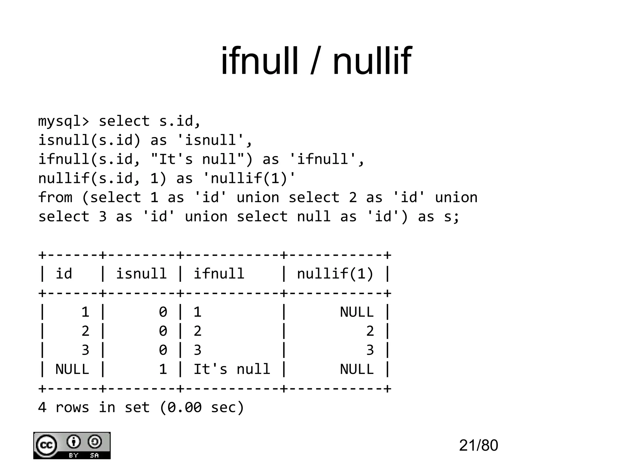 ifnull / nullif
mysql> select s.id,
isnull(s.id) as 'isnull',
ifnull(s.id, "It's null") as 'ifnull',
nullif(s.id, 1) as 'nullif(1)'
from (select 1 as 'id' union select 2 as 'id' union
select 3 as 'id' union select null as 'id') as s;

+------+--------+-----------+-----------+
| id   | isnull | ifnull    | nullif(1) |
+------+--------+-----------+-----------+
|    1 |      0 | 1         |      NULL |
|    2 |      0 | 2         |         2 |
|    3 |      0 | 3         |         3 |
| NULL |      1 | It's null |      NULL |
+------+--------+-----------+-----------+
4 rows in set (0.00 sec)

                                                21/80
 