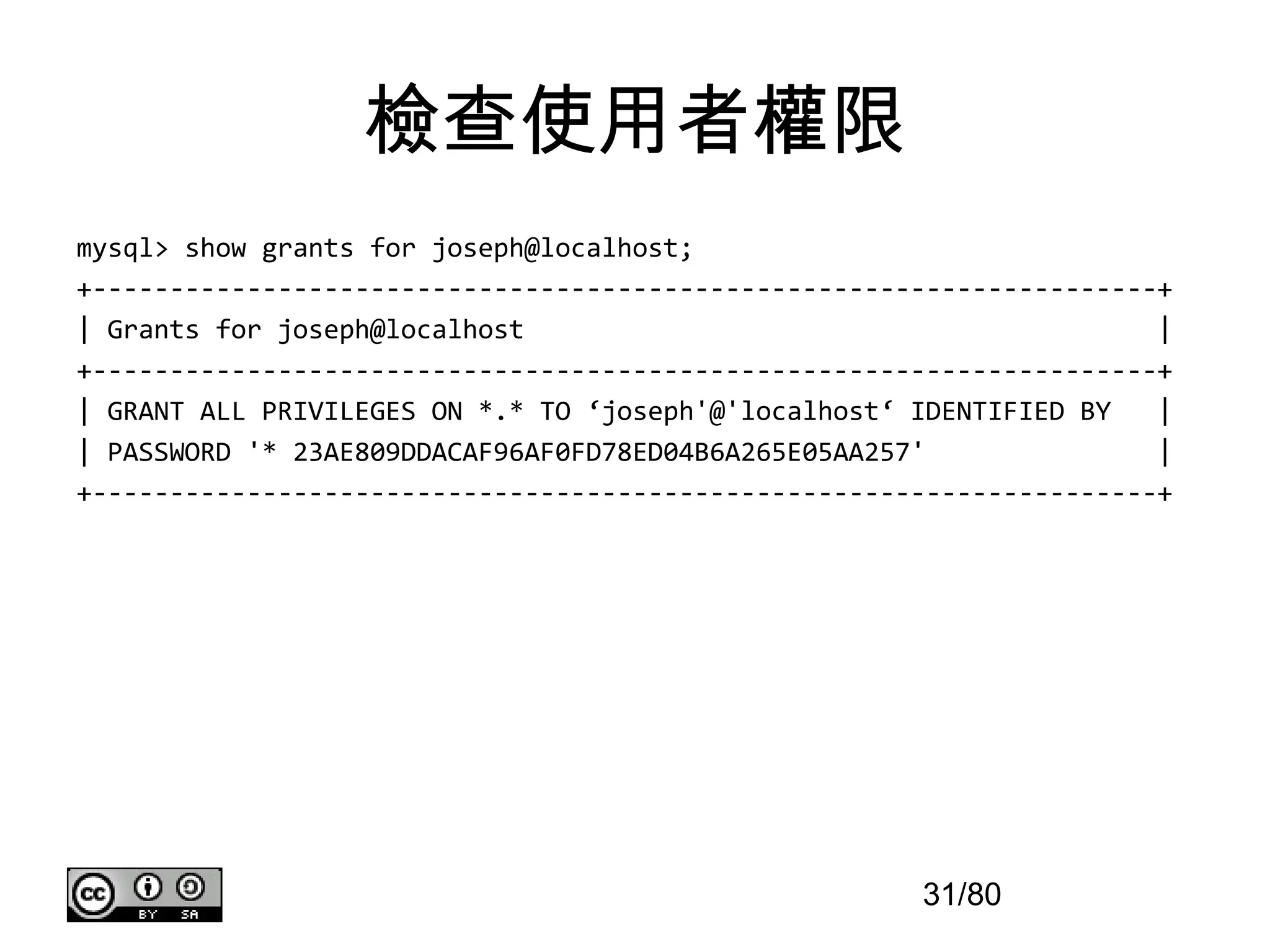 檢查使用者權限
mysql> show grants for joseph@localhost;
+---------------------------------------------------------------------+
| Grants for joseph@localhost                                         |
+---------------------------------------------------------------------+
| GRANT ALL PRIVILEGES ON *.* TO ‘joseph'@'localhost‘ IDENTIFIED BY   |
| PASSWORD '* 23AE809DDACAF96AF0FD78ED04B6A265E05AA257'               |
+---------------------------------------------------------------------+




                                                      31/80
 